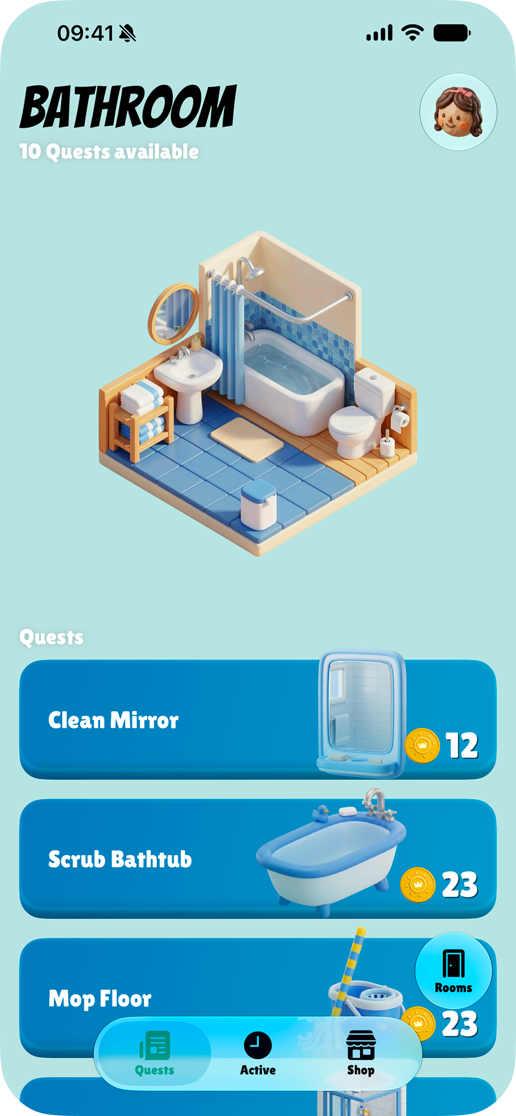Picobello family, bathroom, and screen-time app views