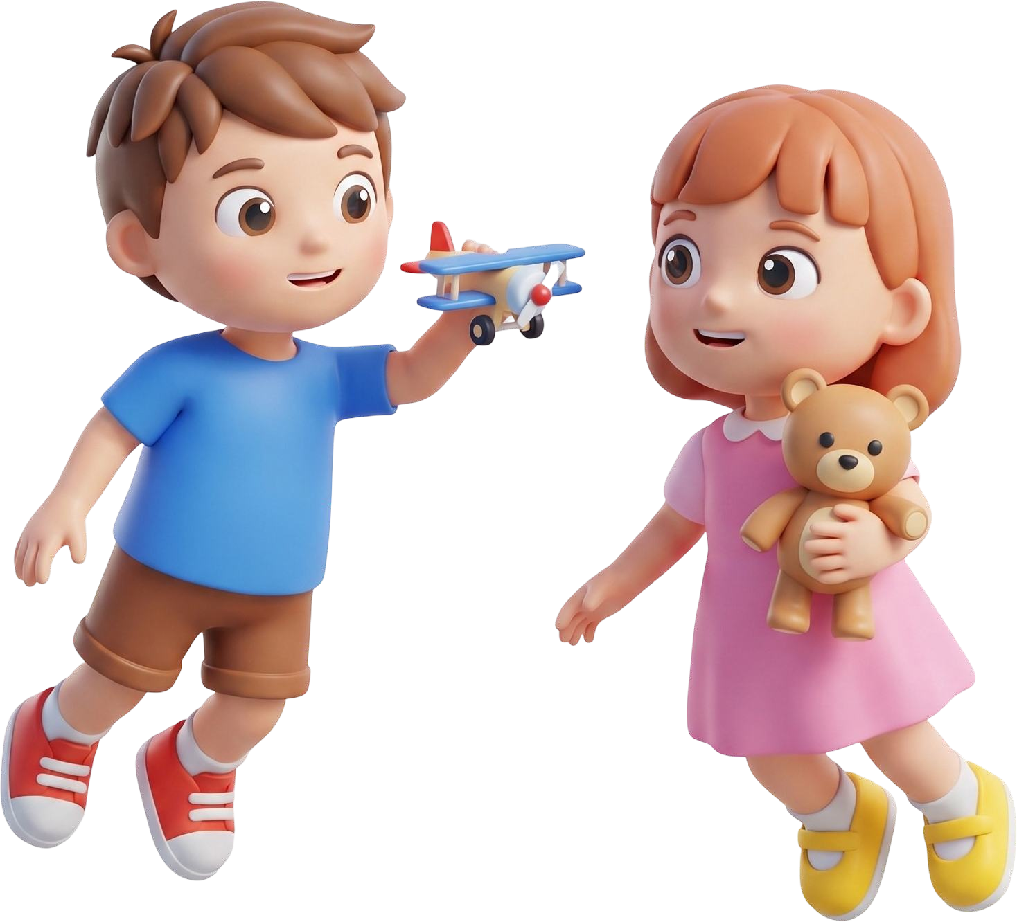 Two children playing with a toy airplane