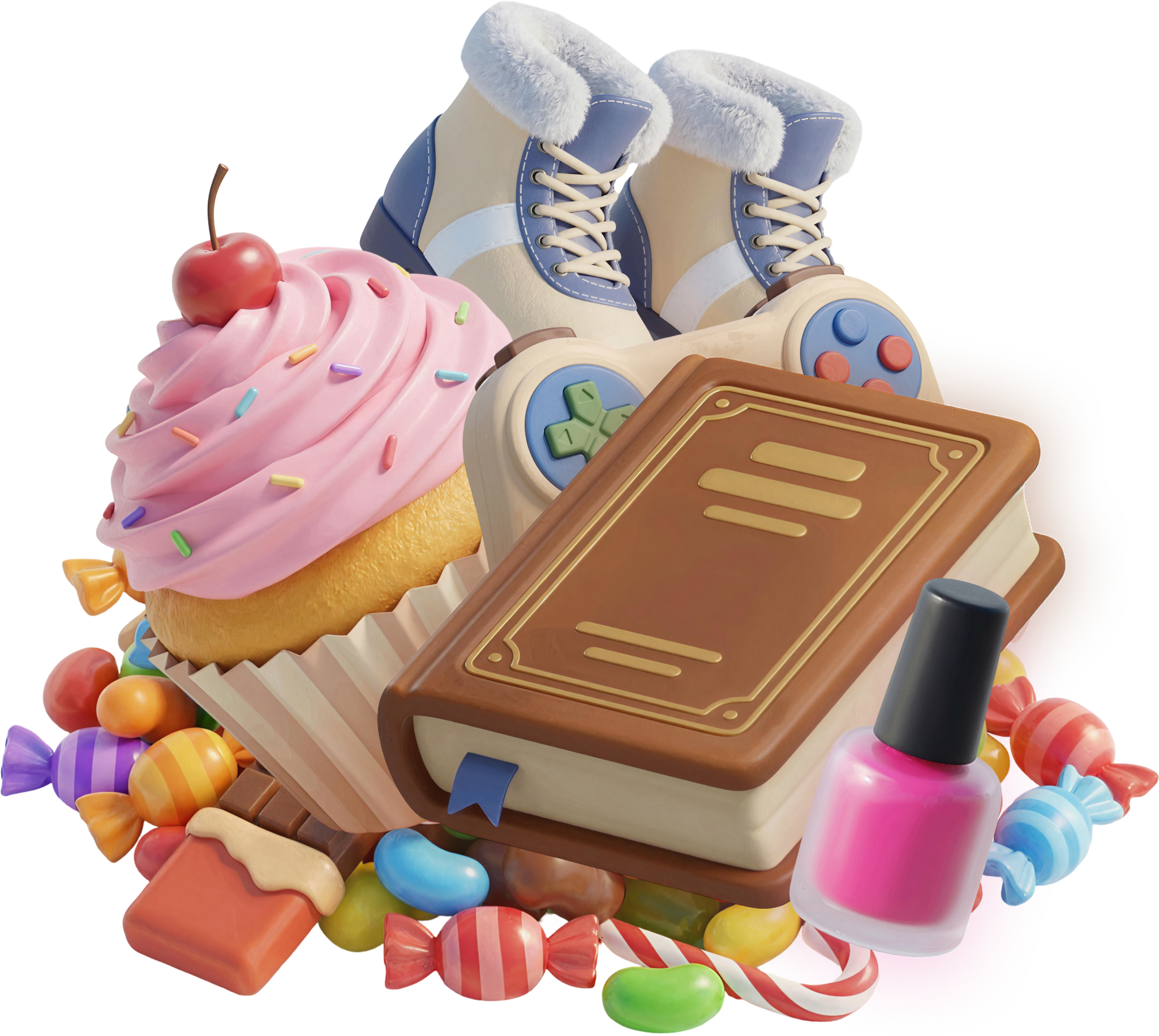 A pile of rewards: cupcake, ice skates, game controller, book, nail polish and candy