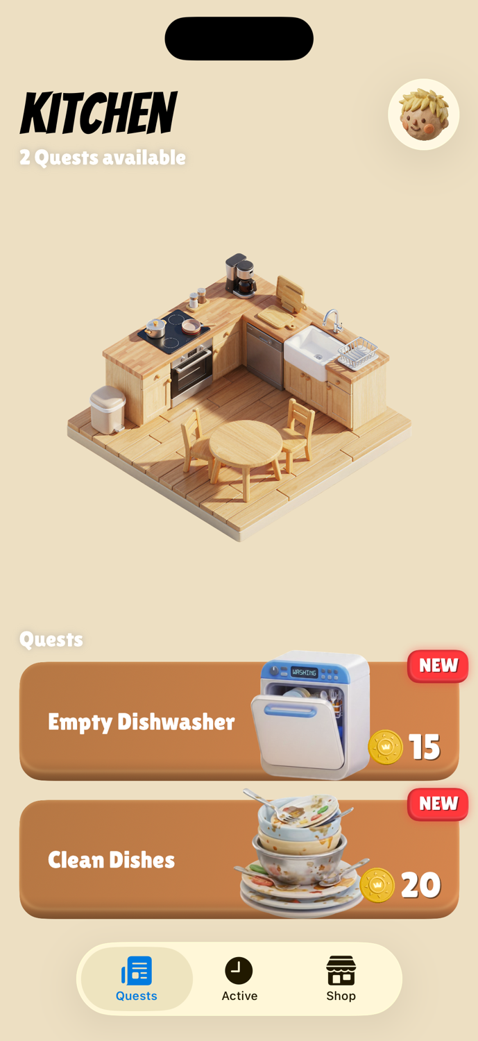 Kitchen room with quests and tab bar