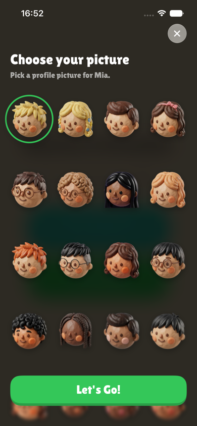 Picobello screen for choosing a child avatar